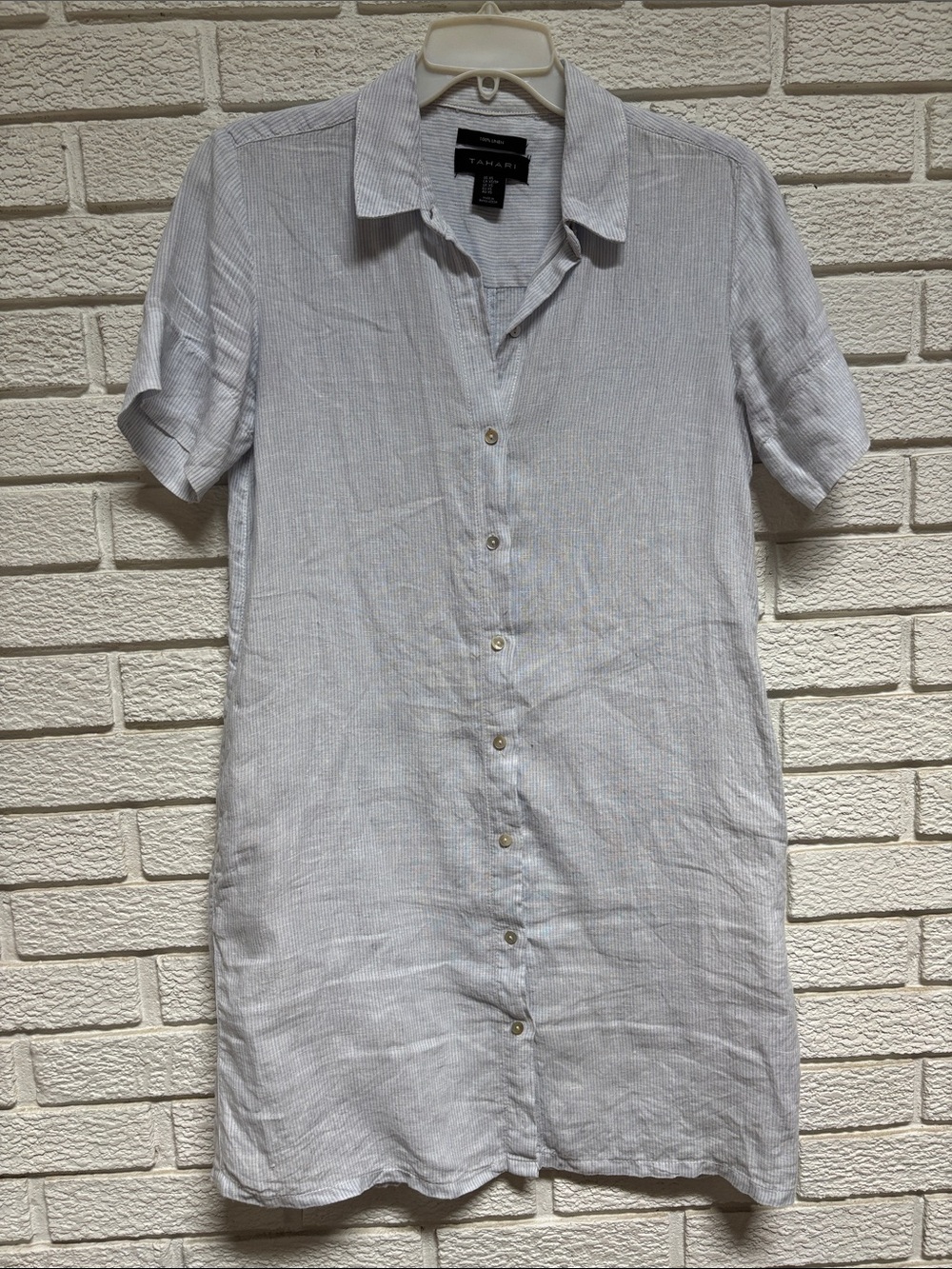 Tahari Light Blue-Striped Short Sleeve Button-Down Tunic Shirt